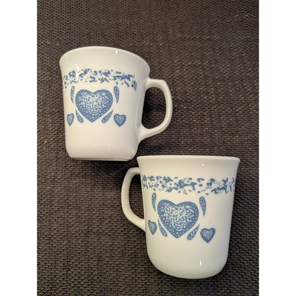 Vintage Corning USA Milk Glass Coffee Mugs Set of 2 Blue Heart Lace Pattern
